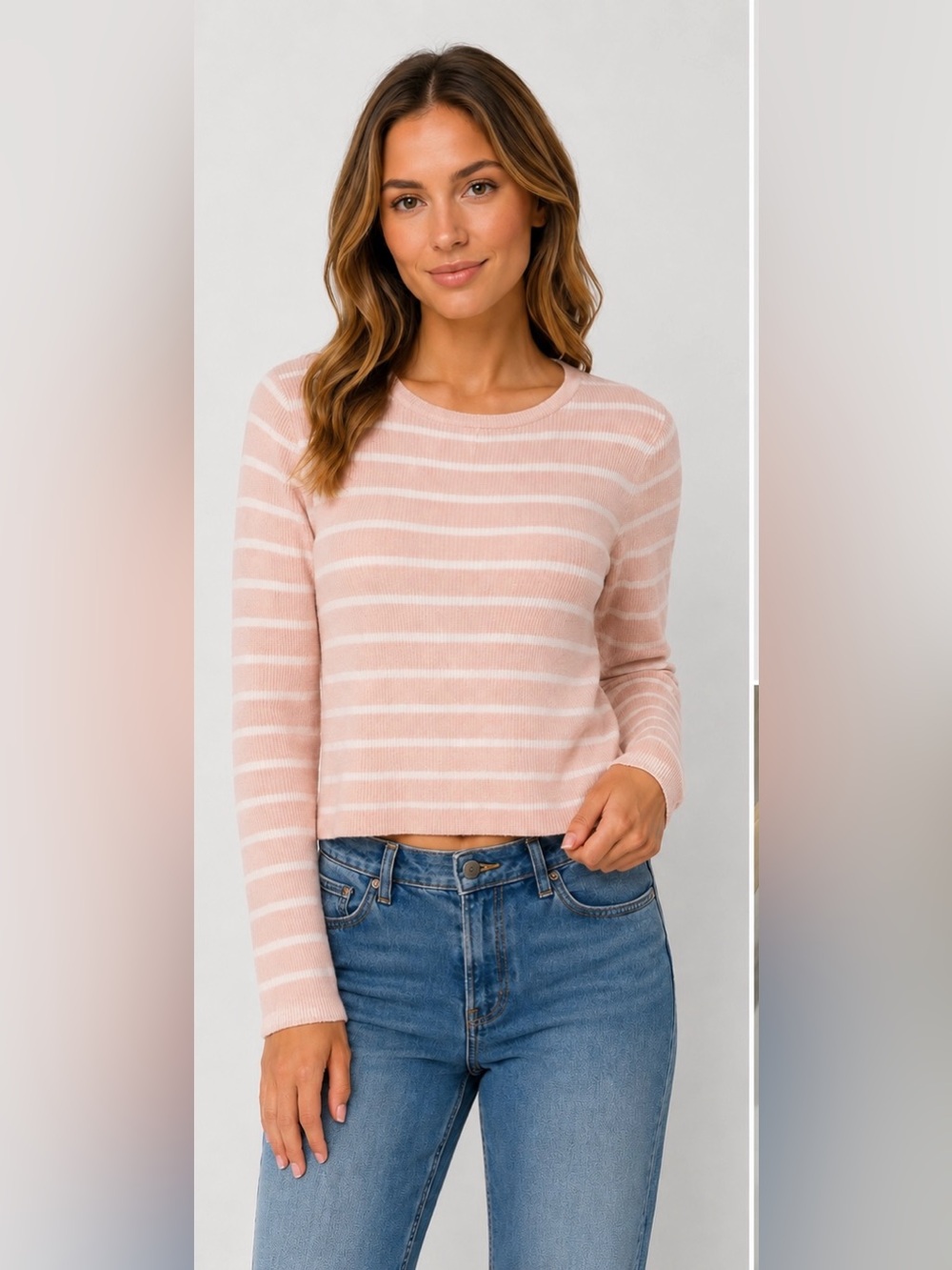 NWT No Comment Pink White Stripe Rib Knit Cropped Sweater Medium Soft Stretch